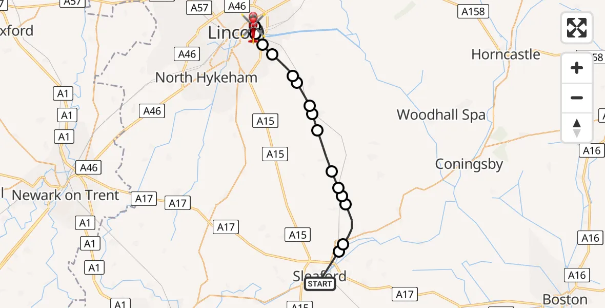Flight route Air Ambulance Helicopter Sleaford - Bracebridge, 11 May 2026, 17:16