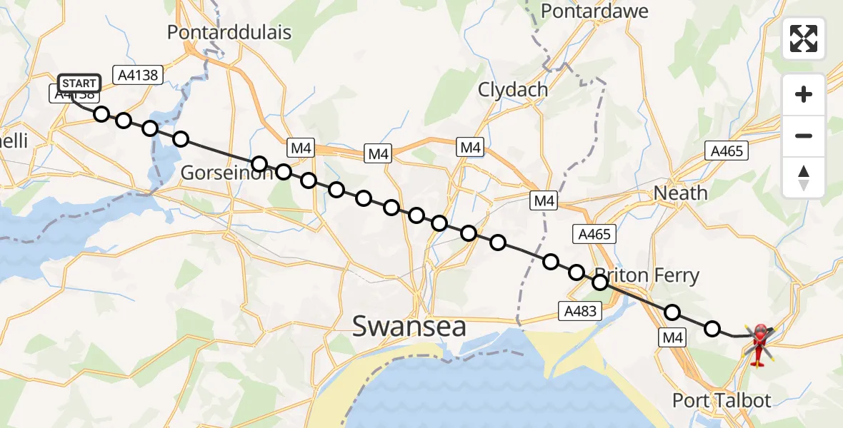 Flight route Air Ambulance Helicopter Dafen - Cwmavon, 11 May 2026, 17:26