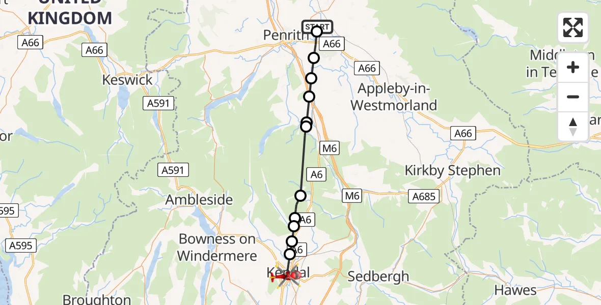 Flight route Air Ambulance Helicopter Edenhall - Kendal, 11 May 2026, 17:35