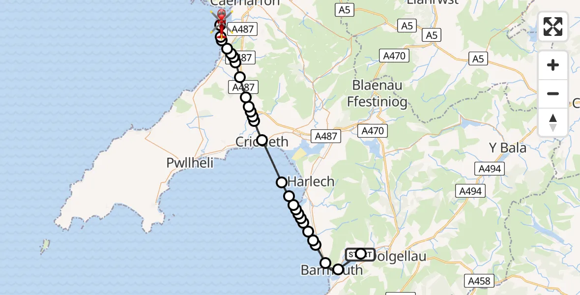 Flight route Air Ambulance Helicopter Bontddu - Caernarfon Airport, 11 May 2026, 17:37