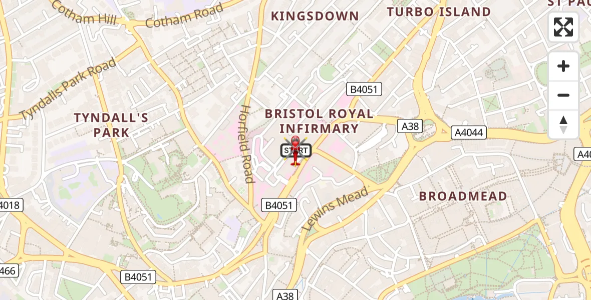 Flight route Air Ambulance Helicopter Bristol Royal Infirmary - Bristol Royal Infirmary, 11 May 2026, 17:39
