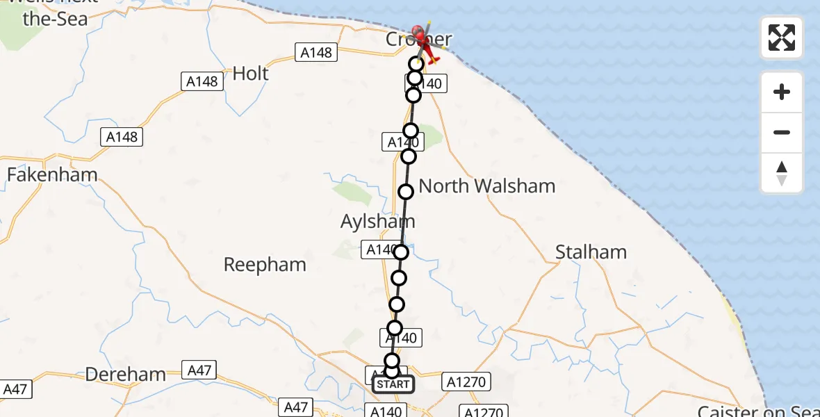 Flight route Air Ambulance Helicopter Norwich Airport - Cromer, 11 May 2026, 17:41
