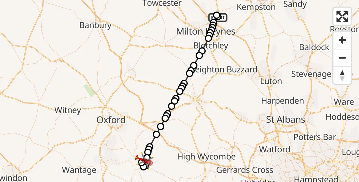 Flight route Air Ambulance Helicopter Sherington - RAF Benson, 11 May 2026, 17:45