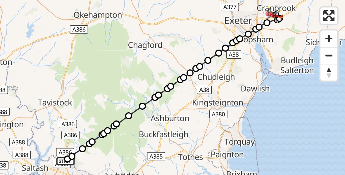 Flight route Air Ambulance Helicopter Plymouth City Airport - Exeter International Airport, 11 May 2026, 17:46