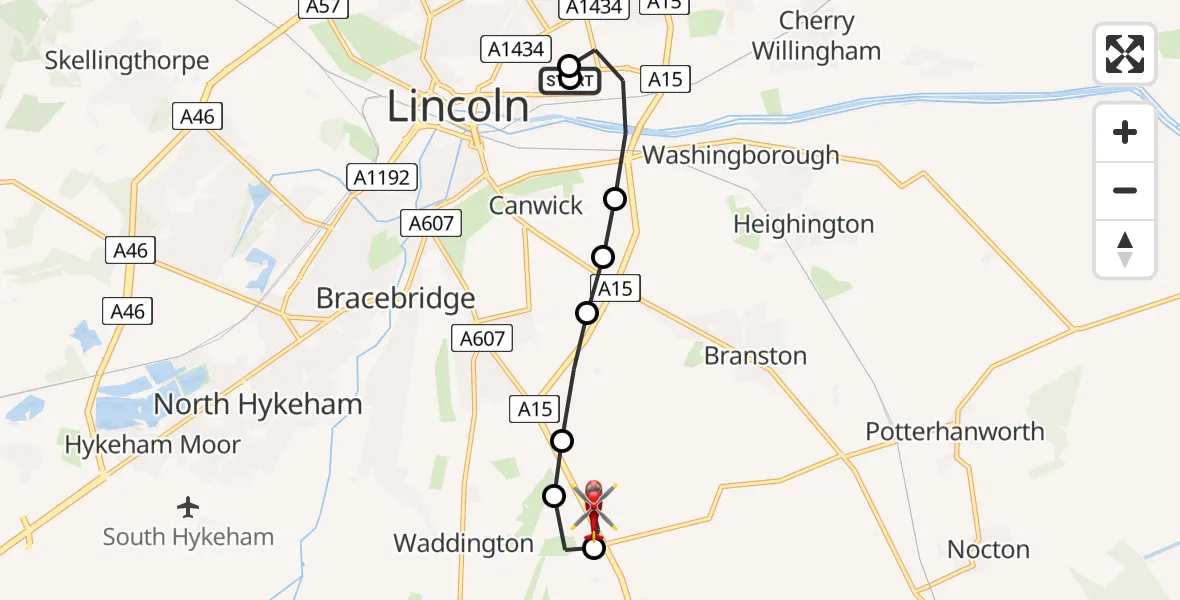 Flight route Air Ambulance Helicopter Lincoln County Trauma Unit - North Kesteven, 11 May 2026, 17:58