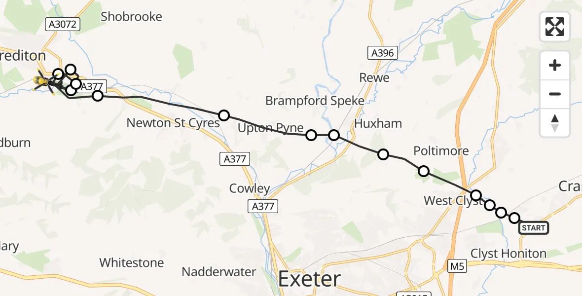 Flight route Police Helicopter Exeter International Airport - Crediton, 11 May 2026, 18:05