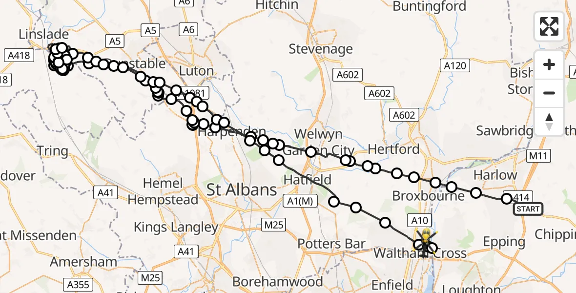 Flight route Police Helicopter North Weald Bassett - Waltham Cross, 11 May 2026, 18:06