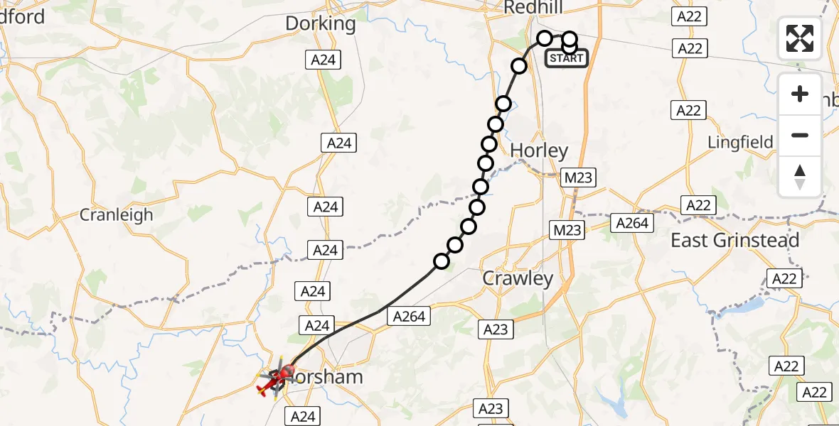 Flight route Air Ambulance Helicopter Redhill Aerodrome - Horsham, 11 May 2026, 18:08