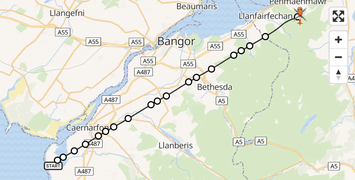 Flight route Coastguard Helicopter Caernarfon Airport - Penmaenmawr, 11 May 2026, 18:08