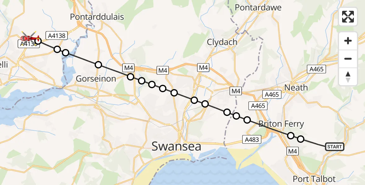 Flight route Air Ambulance Helicopter Cwmavon - Dafen, 11 May 2026, 18:17