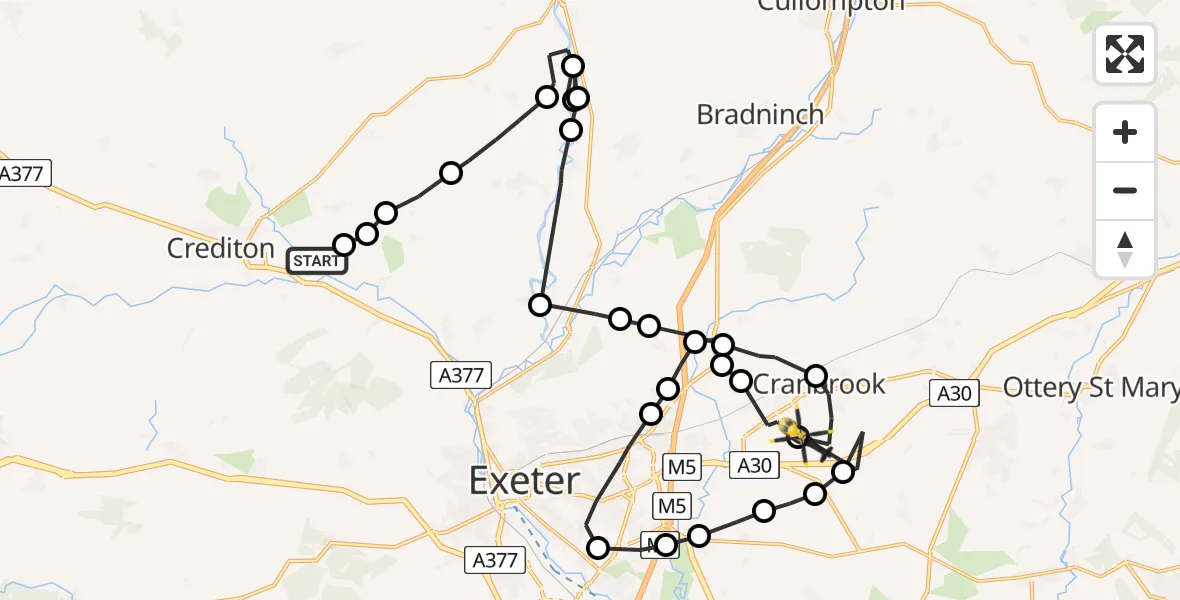 Flight route Police Helicopter Shobrooke - Exeter International Airport, 11 May 2026, 18:18