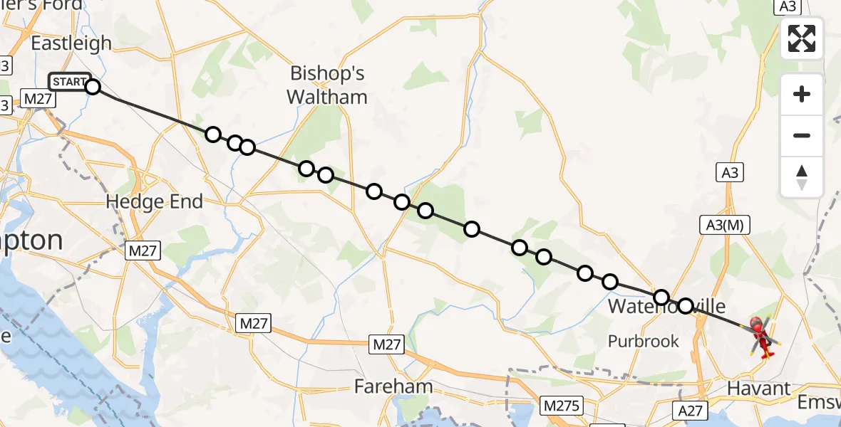 Flight route Air Ambulance Helicopter Southampton Airport - Havant, 11 May 2026, 18:20