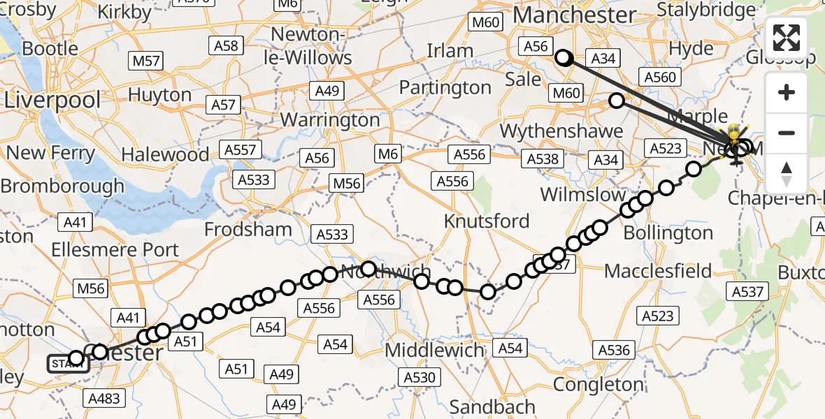 Flight route Police Helicopter Hawarden Airport - New Mills, 11 May 2026, 18:32