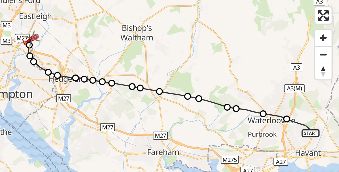 Flight route Air Ambulance Helicopter Havant - Southampton Airport, 11 May 2026, 18:33