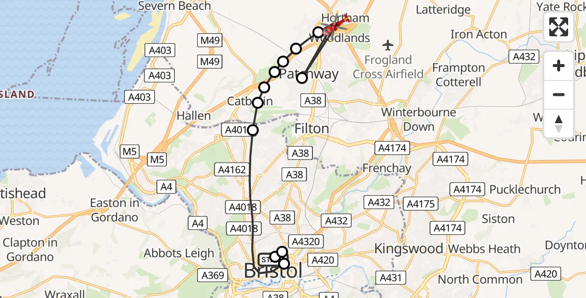 Flight route Air Ambulance Helicopter Bristol Children's Hospital - Almondsbury Helicopter Base, 11 May 2026, 18:38