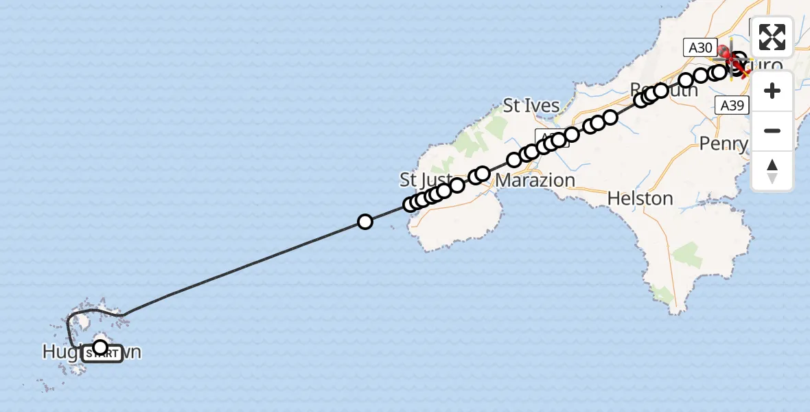 Flight route Air Ambulance Helicopter St. Mary's Airport - Treliske Hospital, 11 May 2026, 18:38