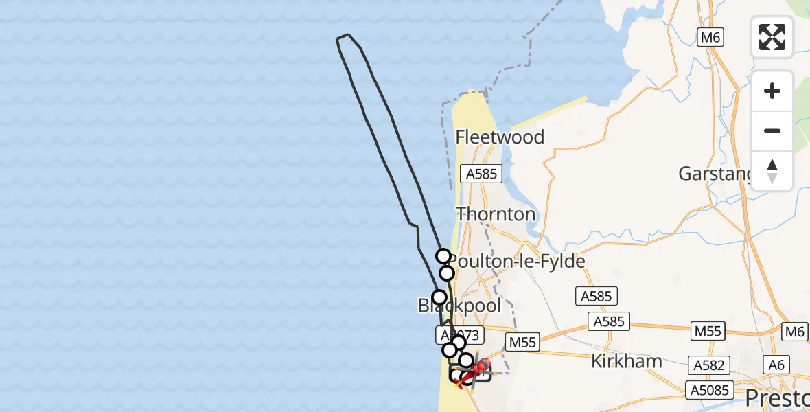 Flight route Air Ambulance Helicopter Blackpool Airport - Blackpool Airport, 11 May 2026, 18:44
