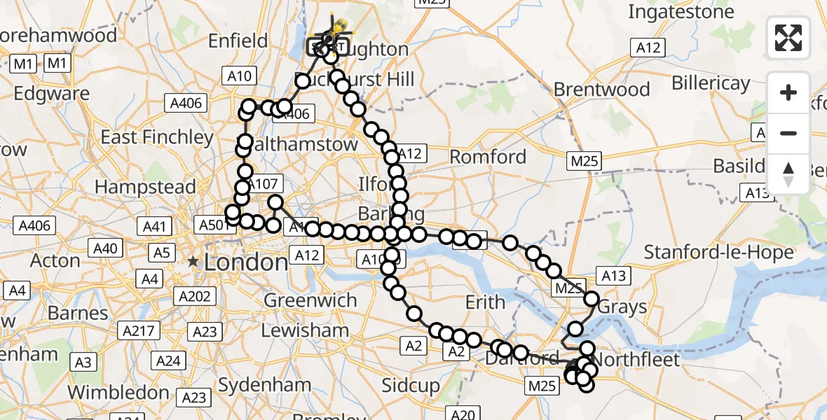 Flight route Police Helicopter Sewardstonebury - Metropolitan Police Air Support Unit Lippitts Hill, 11 May 2026, 18:59