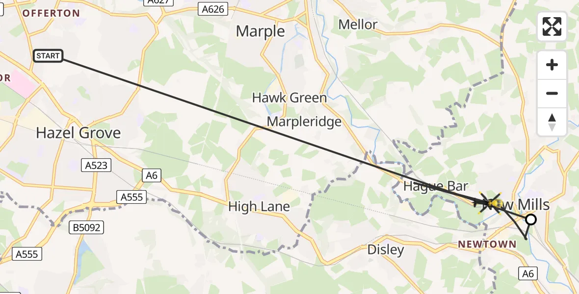 Flight route Police Helicopter Hazel Grove - New Mills, 11 May 2026, 19:01