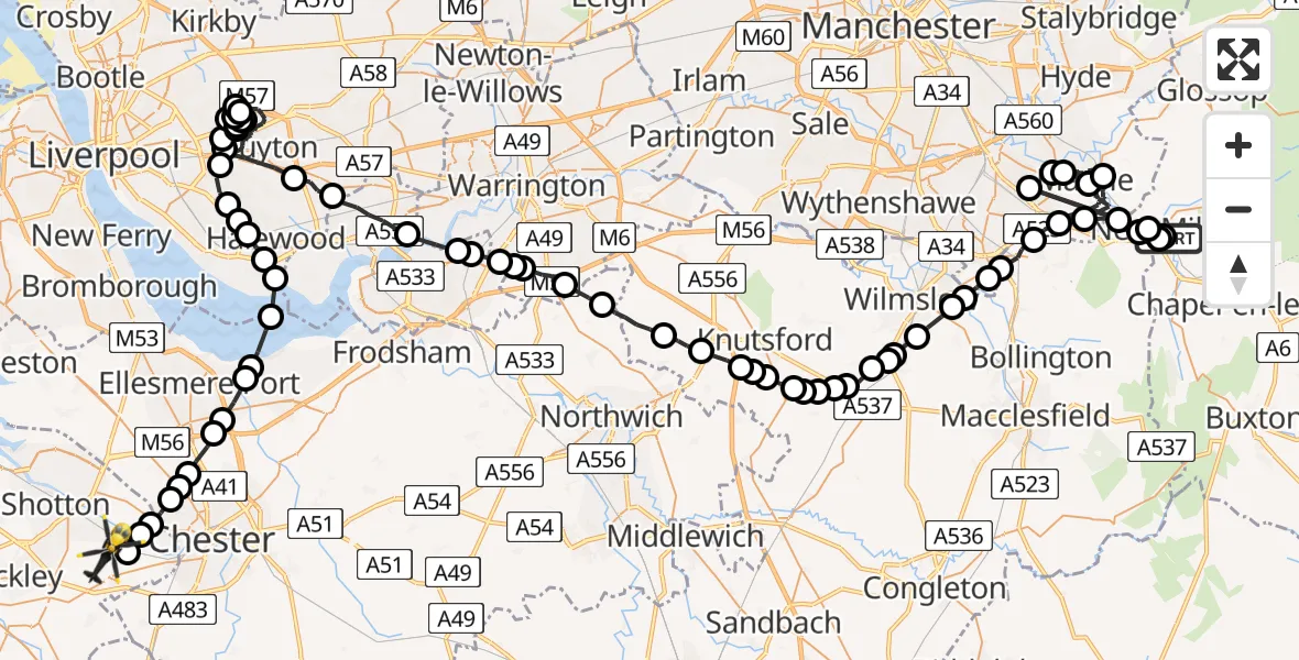 Flight route Police Helicopter New Mills - Broughton, 11 May 2026, 19:04