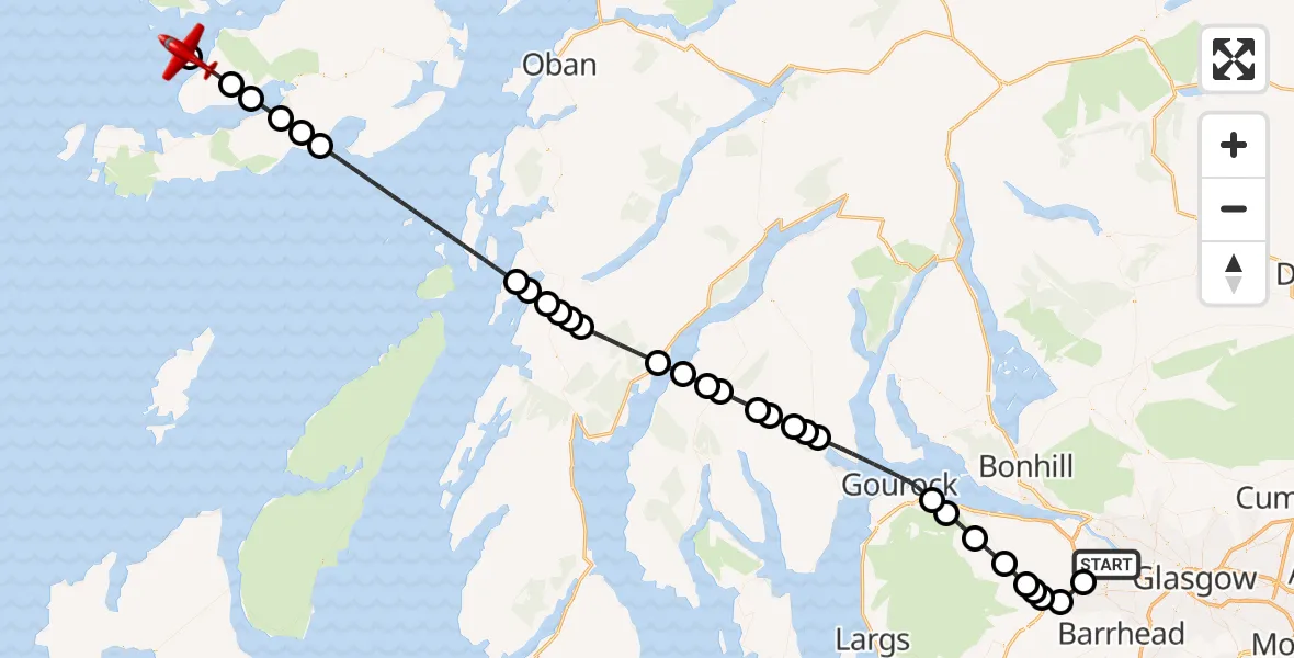 Flight route Air Ambulance Aircraft Glasgow Airport - Inner Seas, 11 May 2026, 19:07