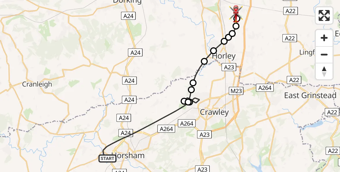 Flight route Air Ambulance Helicopter Horsham - Redhill Aerodrome, 11 May 2026, 19:13