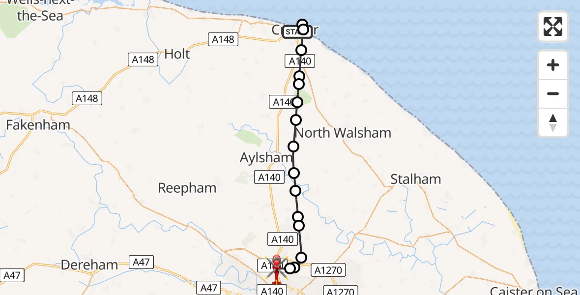 Flight route Air Ambulance Helicopter Cromer - Norwich Airport, 11 May 2026, 19:17