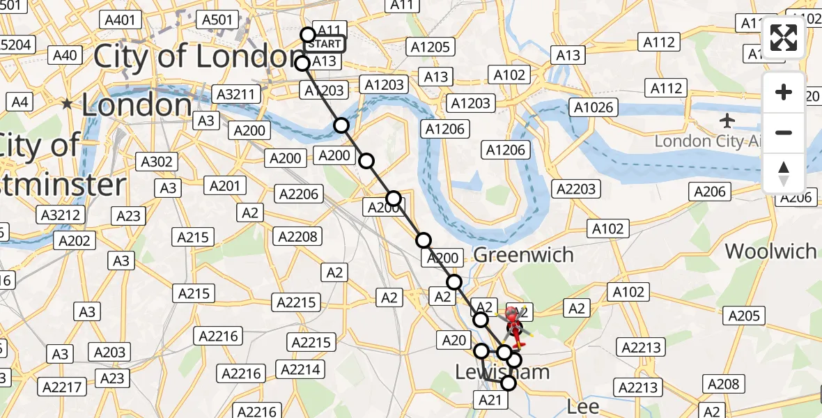 Flight route Air Ambulance Helicopter Royal London Hospital - Blackheath, 11 May 2026, 19:19