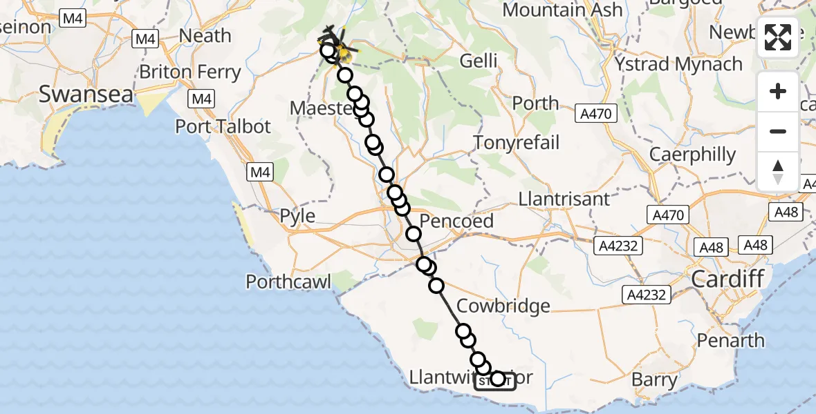 Flight route Police Helicopter Boverton - Cymer, 11 May 2026, 19:26
