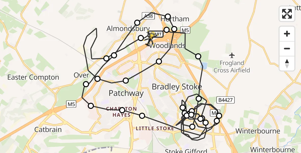Flight route Police Helicopter Almondsbury Helicopter Base - Almondsbury Helicopter Base, 11 May 2026, 19:28