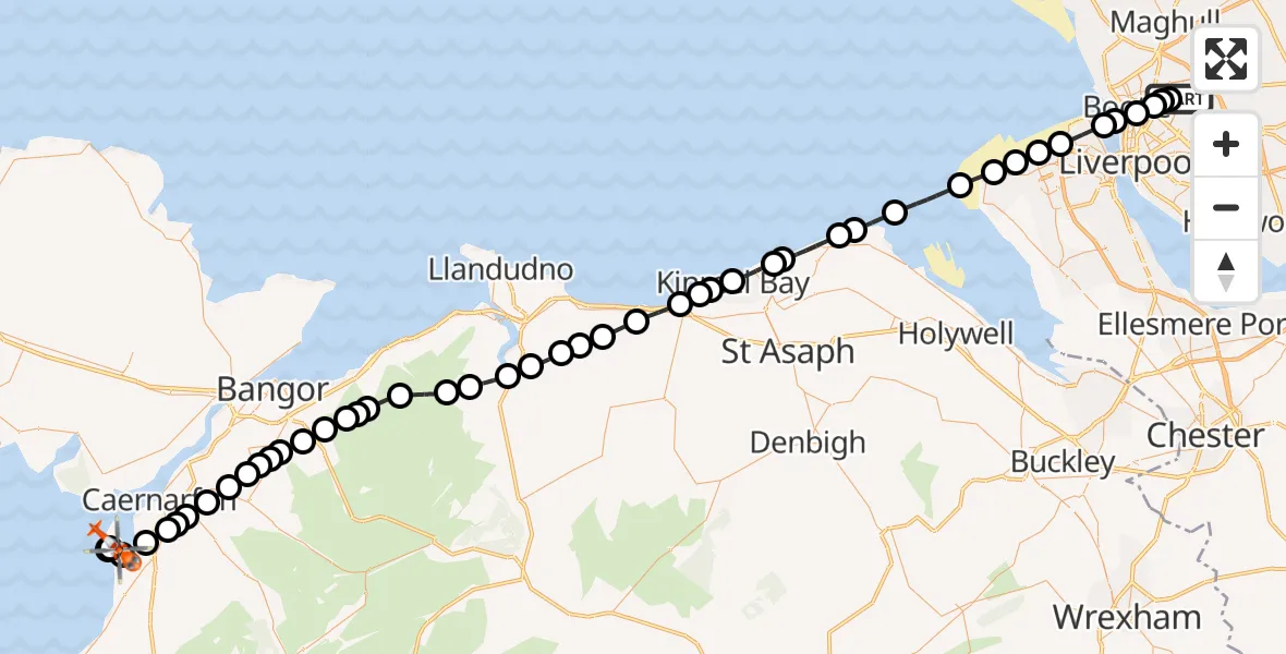 Flight route Coastguard Helicopter Fazakerley - Caernarfon Airport, 11 May 2026, 19:30