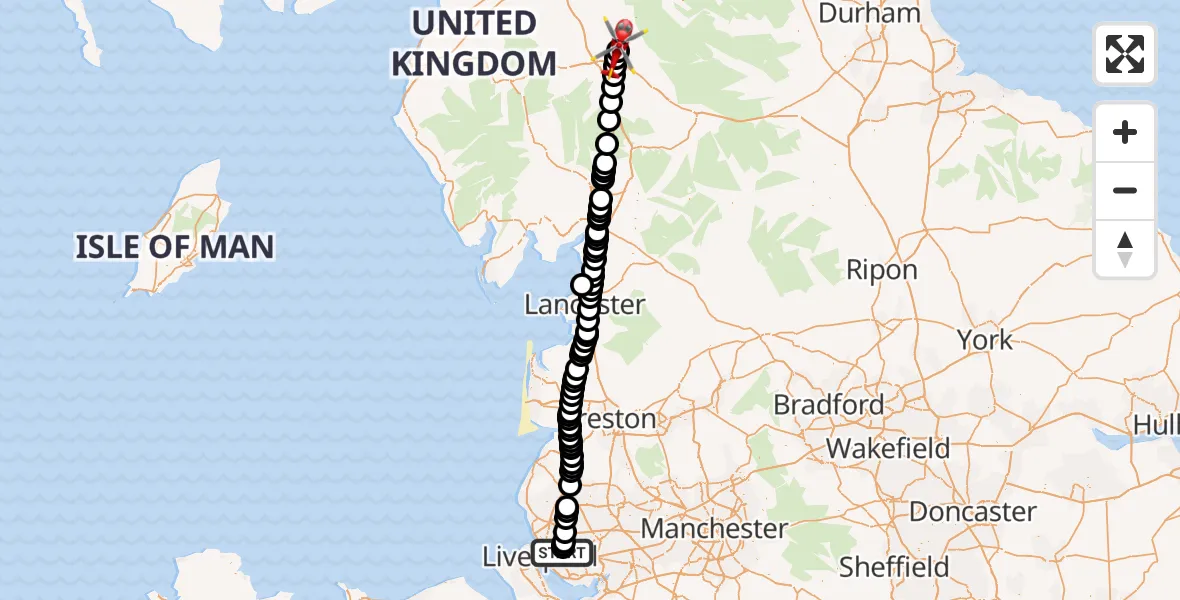 Flight route Air Ambulance Helicopter Knotty Ash - Edenhall, 11 May 2026, 19:31
