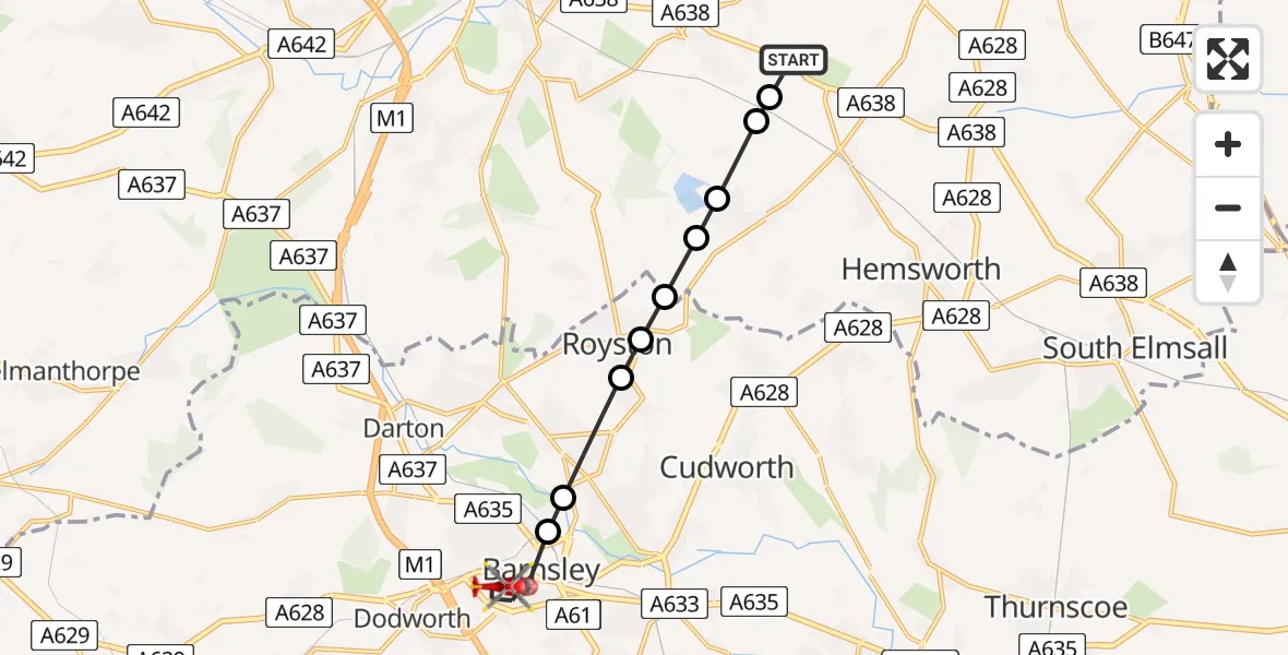 Flight route Air Ambulance Helicopter YAA Nostell Helicopter Port - Barnsley, 11 May 2026, 19:56