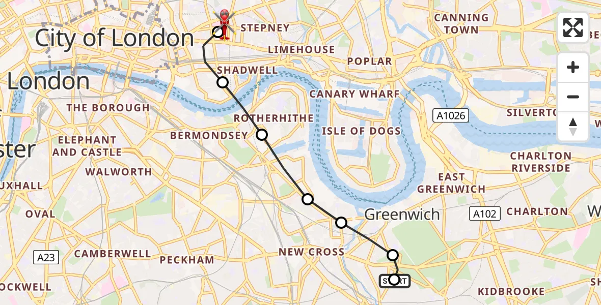 Flight route Air Ambulance Helicopter Blackheath - Royal London Hospital, 11 May 2026, 20:01