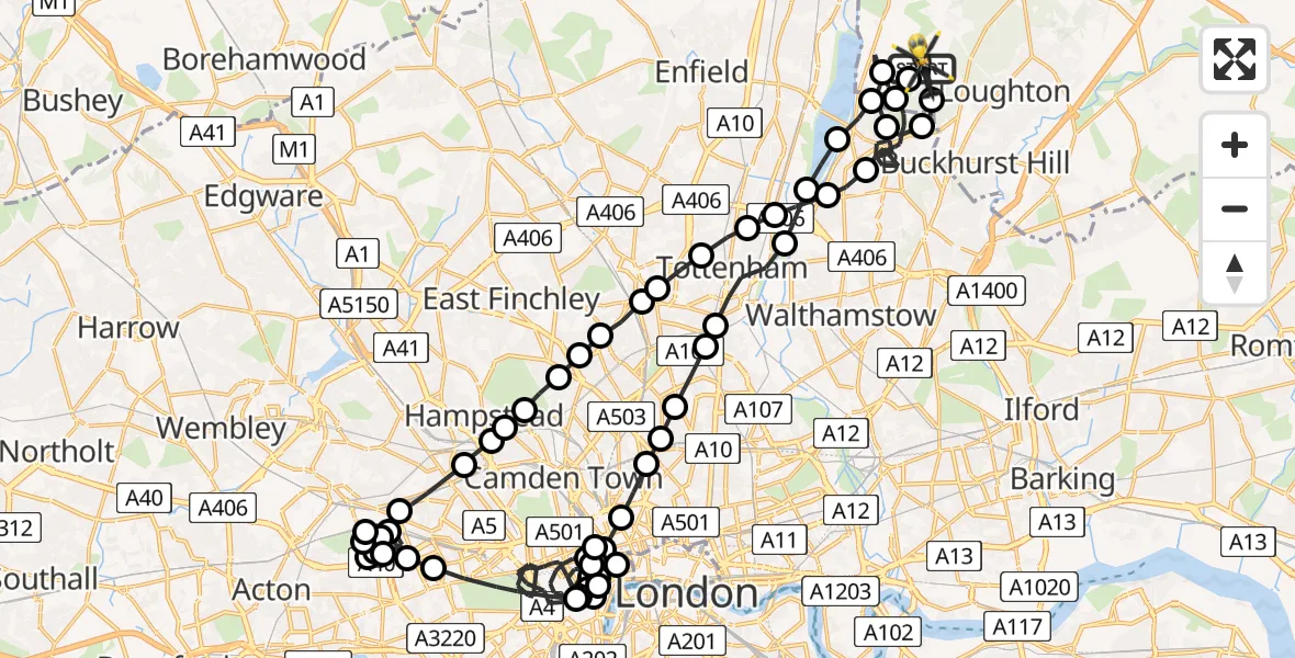 Flight route Police Helicopter Metropolitan Police Air Support Unit Lippitts Hill - Metropolitan Police Air Support Unit Lippitts Hill, 11 May 2026, 20:02