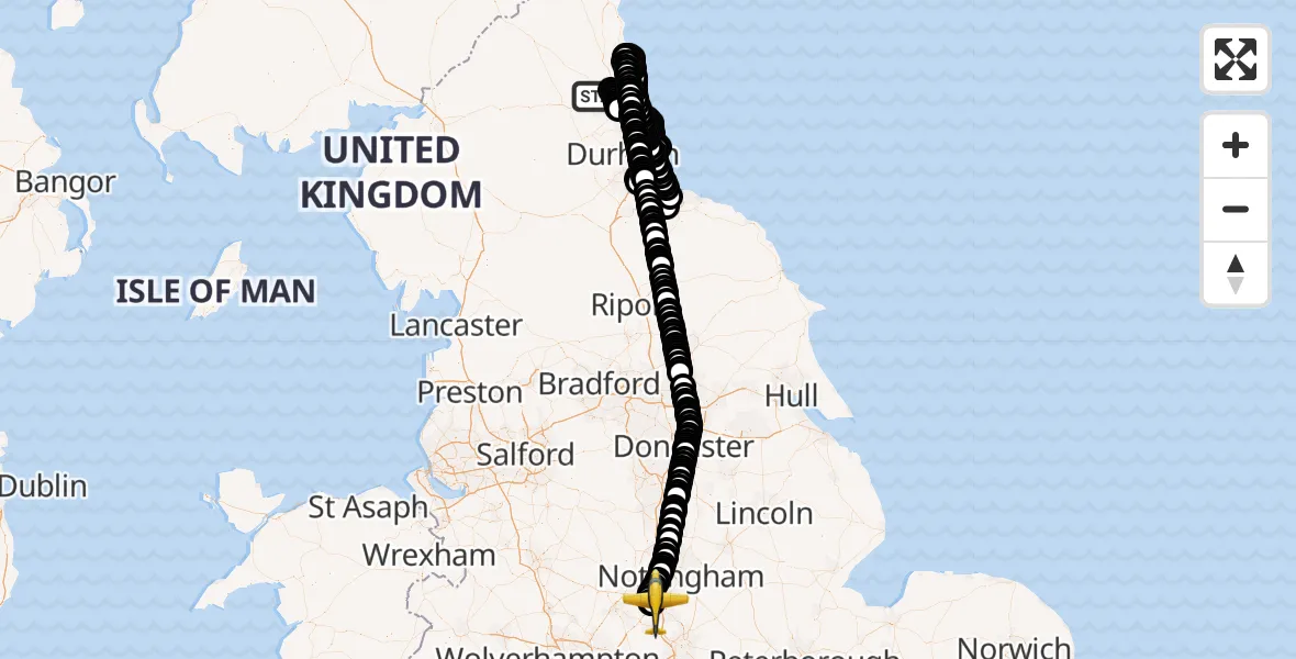 Flight route Police Aircraft Newcastle International Airport - East Midlands Airport, 11 May 2026, 20:02