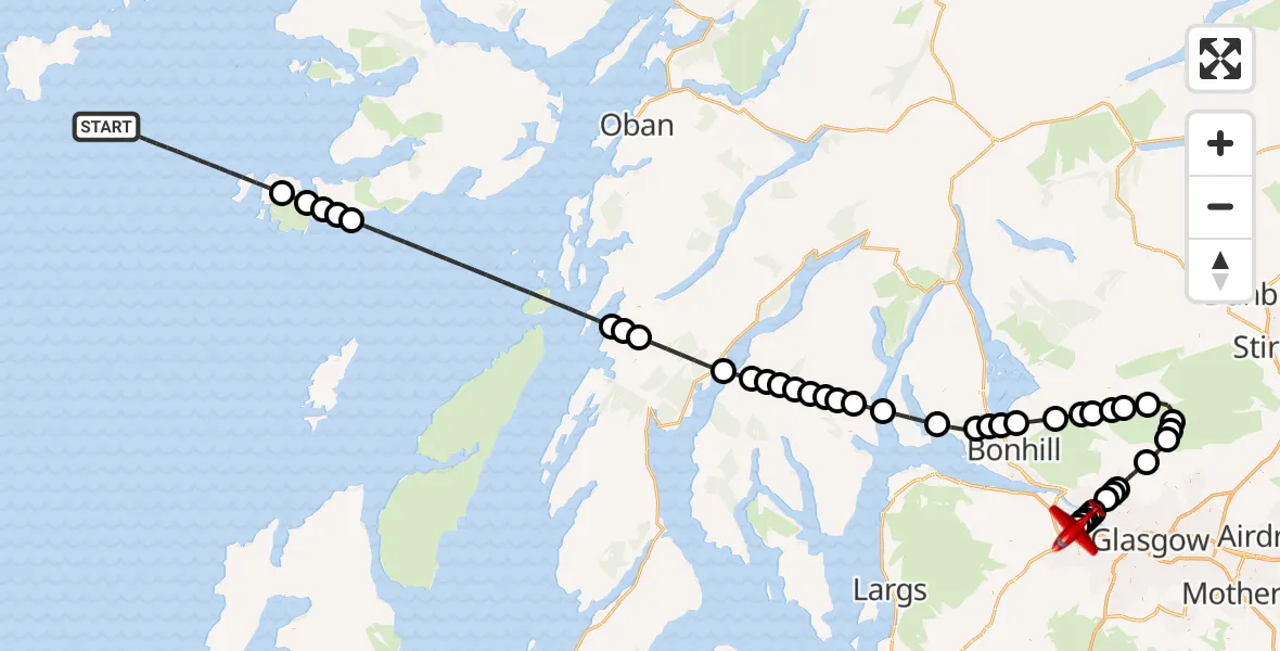 Flight route Air Ambulance Aircraft Inner Seas - Glasgow Airport, 11 May 2026, 20:11