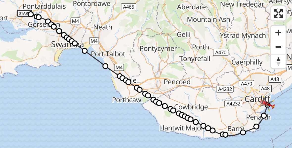 Flight route Air Ambulance Helicopter Dafen - Cardiff Heliport, 11 May 2026, 20:40