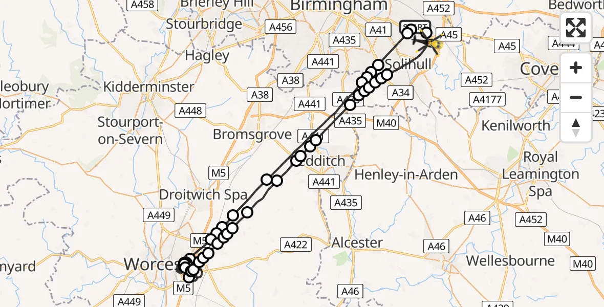 Flight route Police Helicopter Sheldon - Solihull, 11 May 2026, 20:41