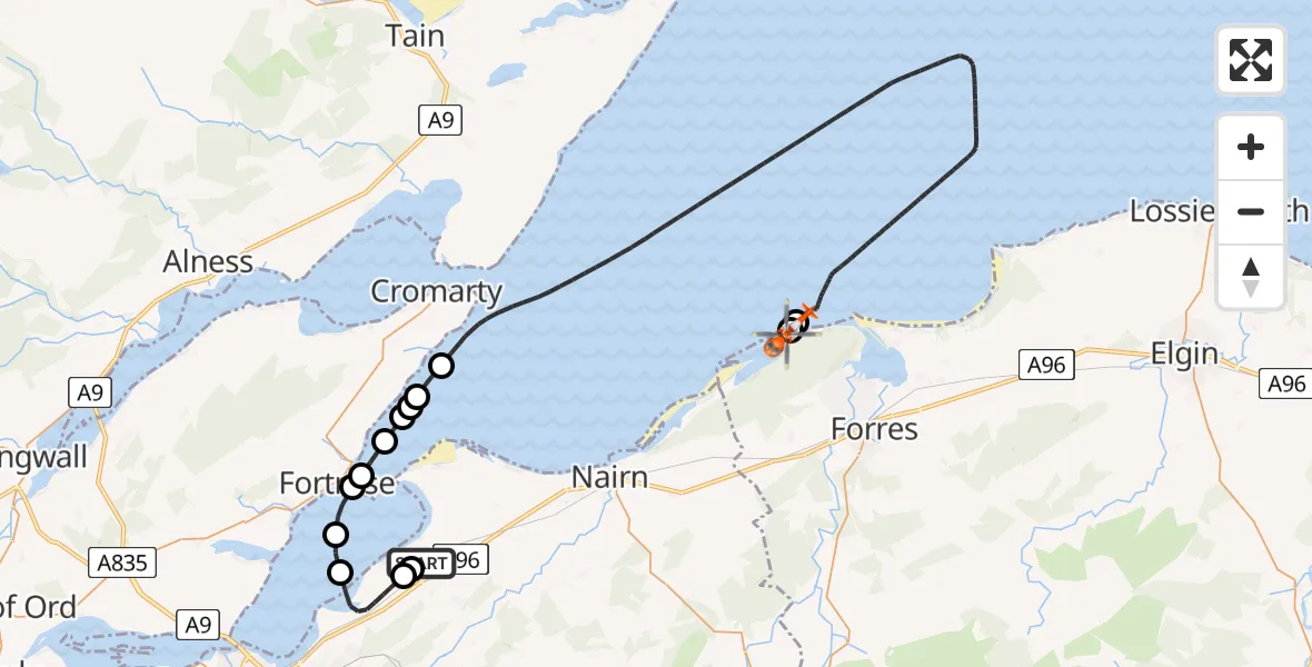 Flight route Coastguard Helicopter Inverness Airport - Moray, 11 May 2026, 20:59