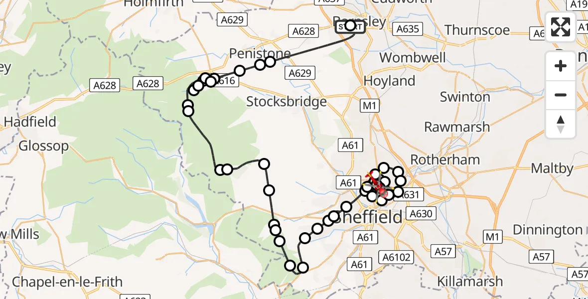 Flight route Air Ambulance Helicopter Barnsley - Sheffield Northern Hospital, 11 May 2026, 21:10