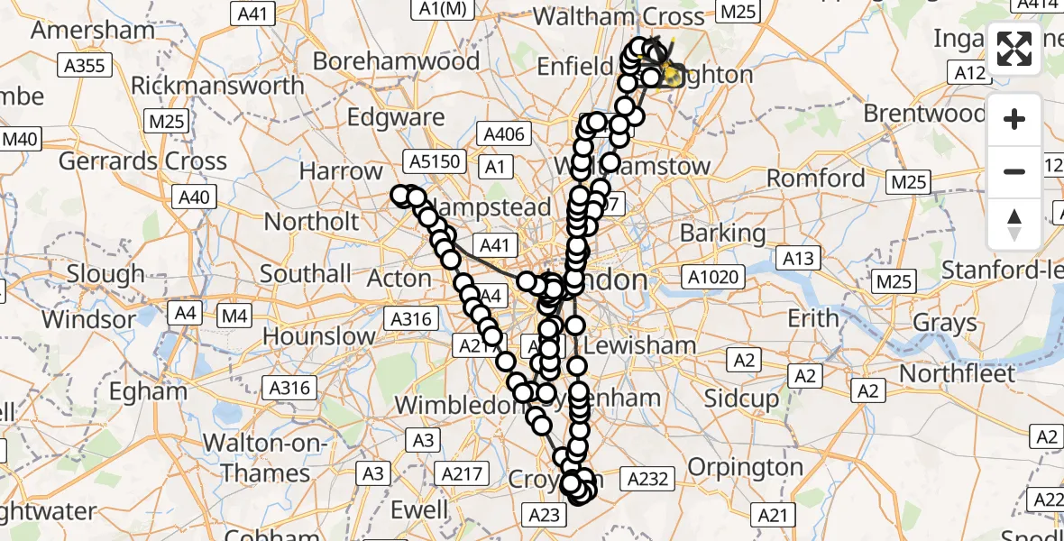 Flight route Police Helicopter Sewardstonebury - Sewardstonebury, 11 May 2026, 21:46