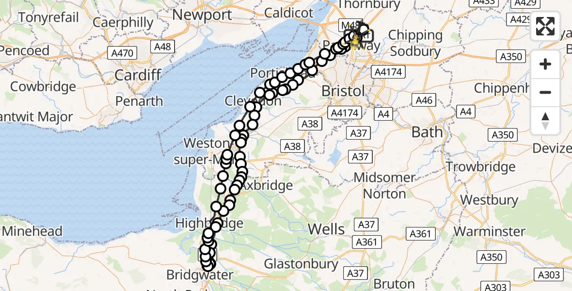 Flight route Police Helicopter Woodlands - Almondsbury Helicopter Base, 11 May 2026, 22:03