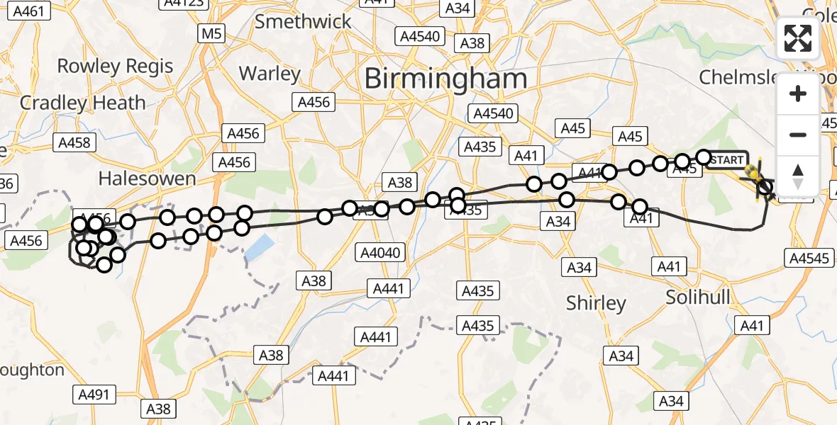 Flight route Police Helicopter Birmingham Airport - Birmingham Airport, 11 May 2026, 22:16