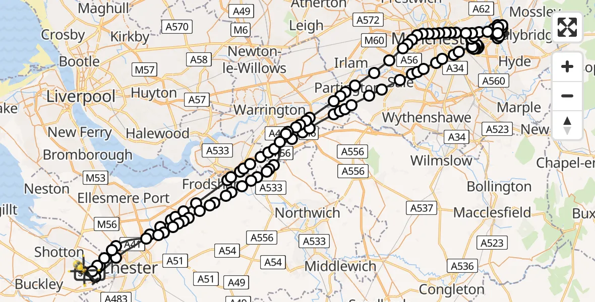 Flight route Police Helicopter Hawarden Airport - Sandycroft, 11 May 2026, 22:23