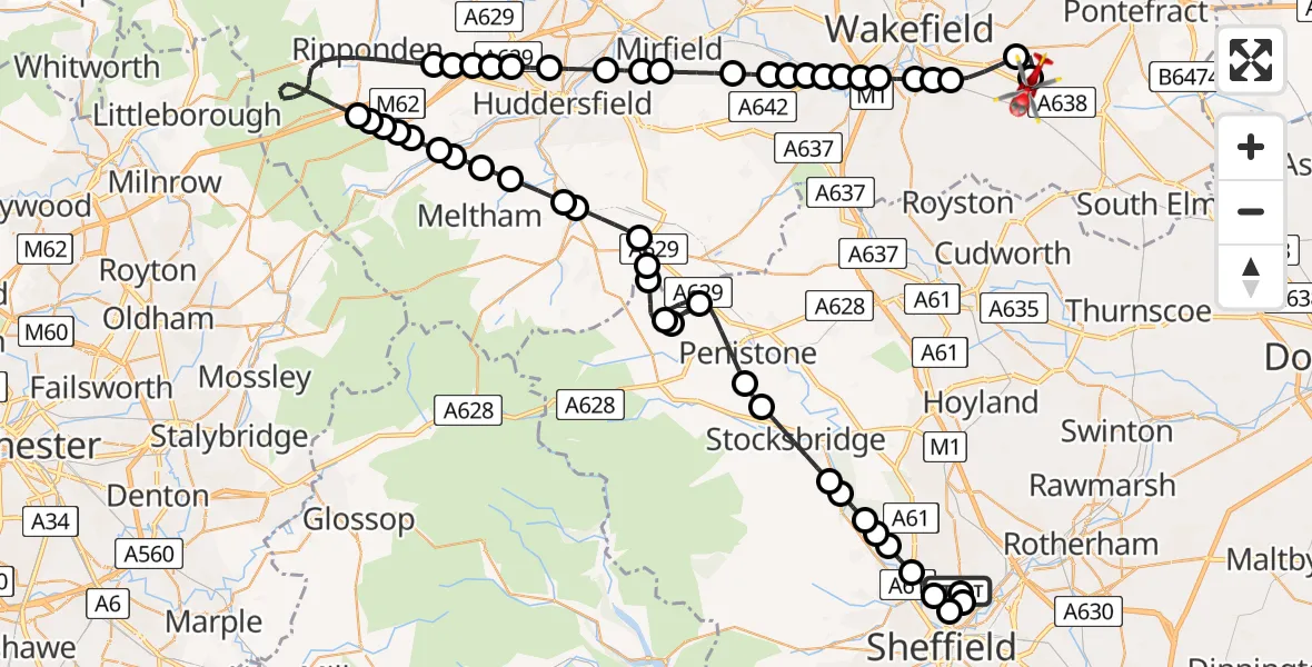 Flight route Air Ambulance Helicopter Sheffield Northern Hospital - YAA Nostell Helicopter Port, 11 May 2026, 22:38