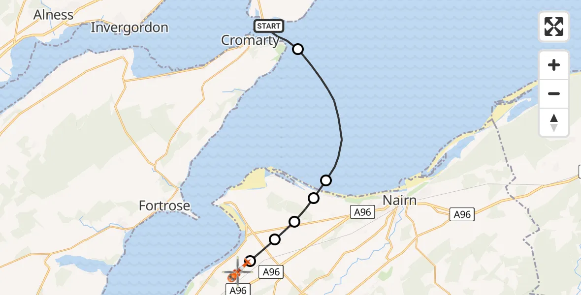 Flight route Coastguard Helicopter Cromarty - Inverness Airport, 11 May 2026, 22:51