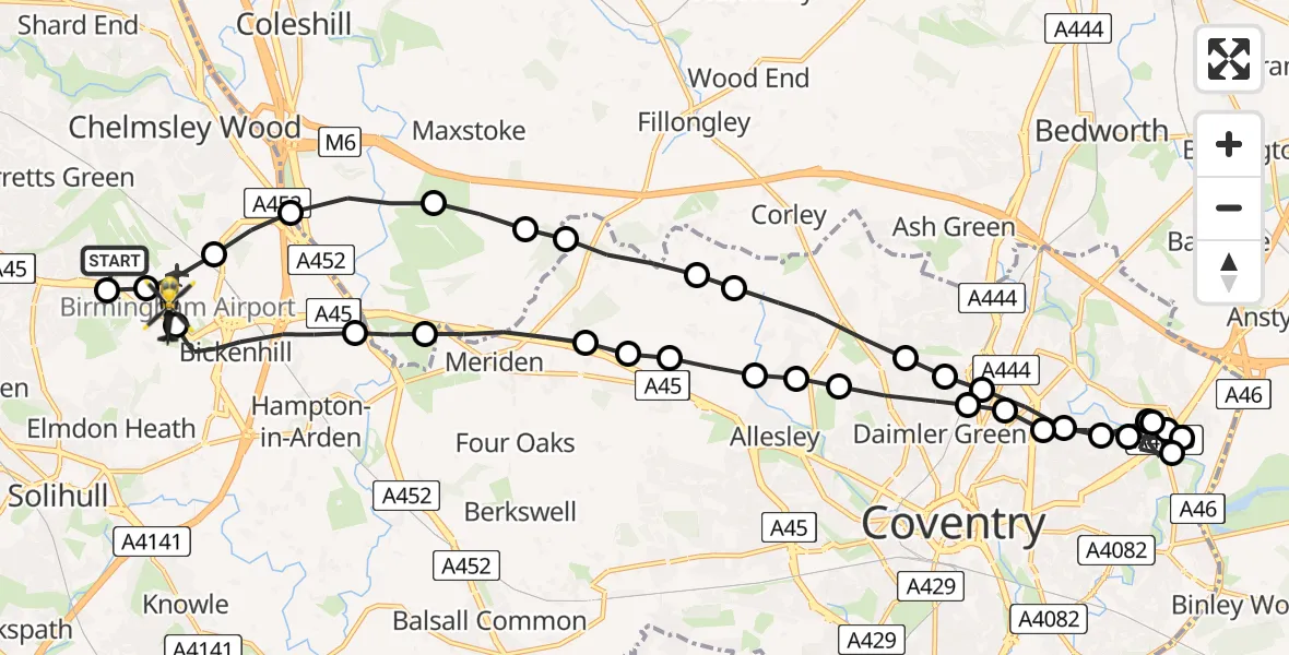 Flight route Police Helicopter Birmingham Airport - Birmingham Airport, 11 May 2026, 23:05