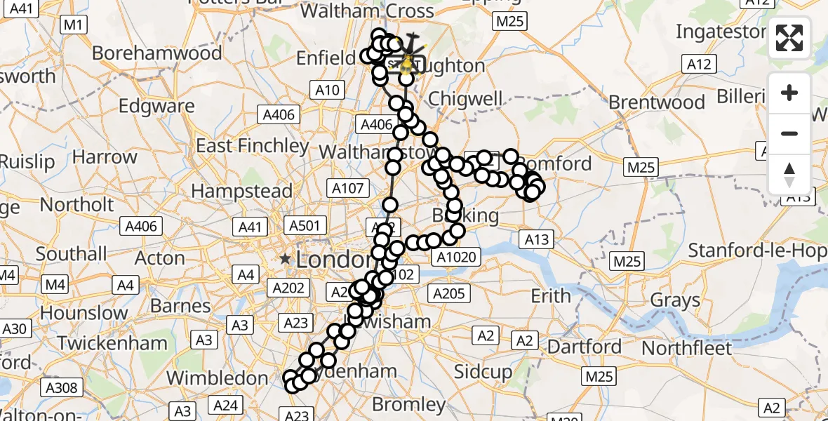 Flight route Police Helicopter Sewardstonebury - Sewardstonebury, 11 May 2026, 23:05