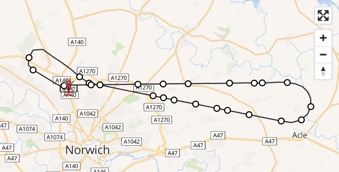 Flight route Air Ambulance Helicopter Norwich Airport - Norwich Airport, 11 May 2026, 23:10